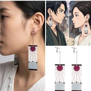 🍎 NIB Tanjiro Demon Slayer Anime Cosplay Earrings Kamado Hanafuda Ear Clip on